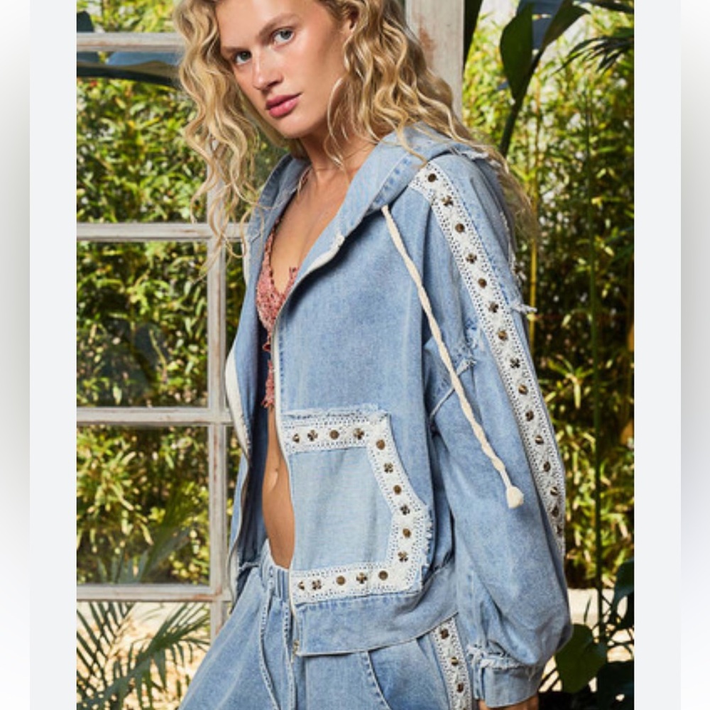 Light Blue Denim Hooded Jacket with Embroidered Trim. NWOT